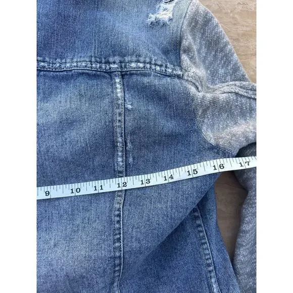 Free People Distressed Denim & Knit Sweater HOODIE Jacket S French Terry Gray - Picture 7 of 9
